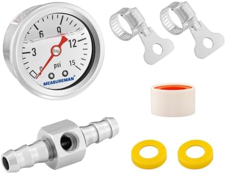 MEASUREMAN 0-15 Psi Glycerin Filled Fuel Pressure Gauge, 1.5” Dial, 304 Stainless Steel Case, 1/8” NPT Center Back Mount, with 3/8” Fuel Line Adapter, Copper Tube & Fittings, Red Aluminum Pointer