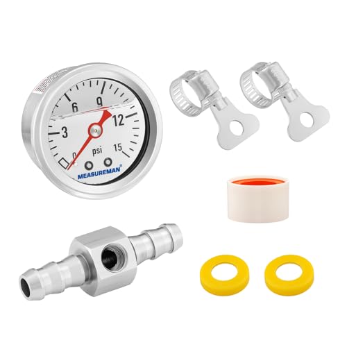 MEASUREMAN 0-15 Psi Glycerin Filled Fuel Pressure Gauge, 1.5” Dial, 304 Stainless Steel Case, 1/8” NPT Center Back Mount, with 3/8” Fuel Line Adapter, Copper Tube &amp; Fittings, Red Aluminum Pointer