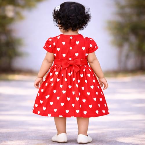 Image of Babeezworld Cotton Baby Girl Dress - Knee Length fit and Flare Dress Frock jhabla (Red; 3-4 Years)