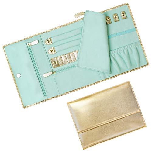 Mymazn Travel Jewelry Roll Organizer, Foldable Jewelry Bag Case Shiny Leather Jewelry Storage