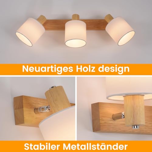 Glitzerlife Deckenlampe 3 Flammig Deckenstrahler Holz - LED Deckenleuchte Vintage Deckenspot E14 Boho Lampe Schwenkbar 350° Spot Retro für Schlafzimmer Küche Flur MAX.25W (ohne Leuchtmittel)