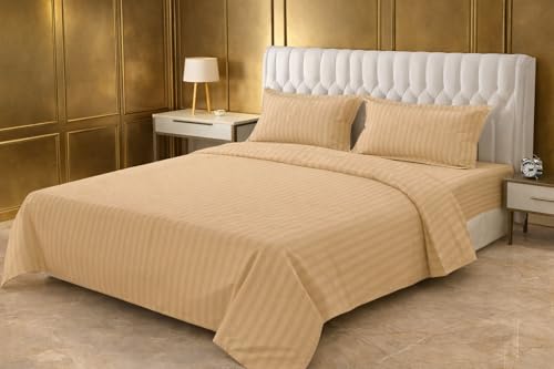 Image of Prozone Premium Satin Stripe Double Bedsheet with 2 Pillow Covers | Soft & Luxury Hotel Style Bedding for Double Bed (Beige)