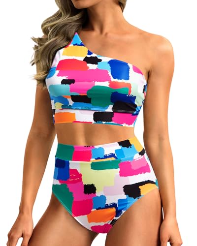 Image of Holipick Women One Shoulder High Waisted Bikini Sets Two Piece Swimsuit Tummy Control Bathing Suit Full Coverage Swimwear