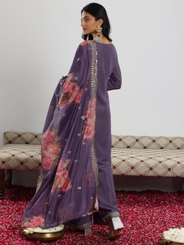 Image of Libas Embroidered Silk Blend A-Line Kurta with Palazzo and Dupatta