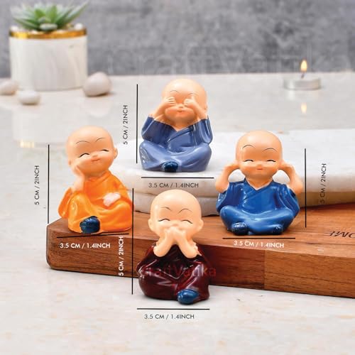 Collectible India Buddha Monk Set of 4 Statue Figurines Showpiece - Cute Mini Buddha Idol Statue for Car Dashboard Table Top Home Decoration