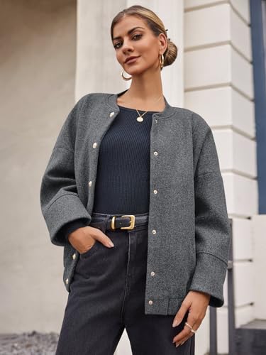 Tankaneo Womens Oversized Wool Blend Bomber Jacket Cropped Button Up Pea Coats Fall Winter Varsity Jackets2