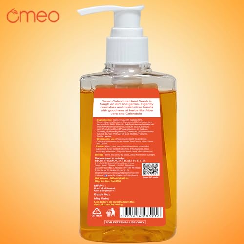 Image of Omeo Calendula Handwash Liquid Pump Bottle 500ml for Germs Free, Soft & Moisturized Hand with Aloe Vera & Calendula | Tough on Germs & Dirt | Safe for All Types Skin, Daily Use Hand Wash