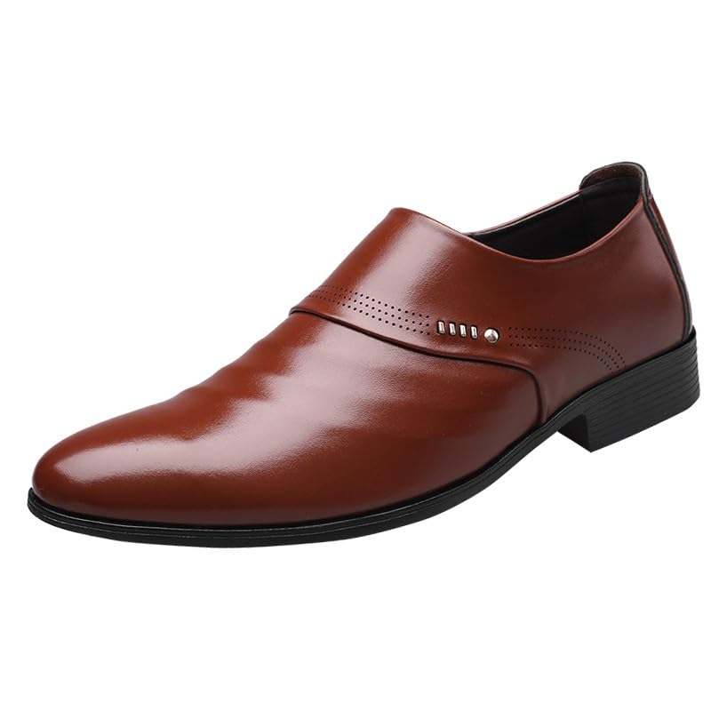 Men's Leather Brogue Oxford Shoes, Slip-On Dress Shoes with Thick Sole