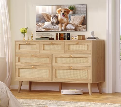 TEENFON Dresser for Bedroom, 47.2''Wide 7 Drawer Rattan Dresser, Wood Dressers TV Stand, Boho Dressers & Chests of Drawers for Bedroom, Entryway, Natural - Image 7