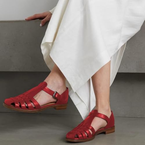 FSJ Women Retro Closed Toe Flats Sandals Low Block Heel Woven Roman Ankle Strap Hollow Caged Summer Fisherman Sandals Shoes Size 4-16 US2