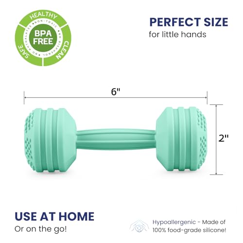 Image of Baby Dumbbell Toy - Silicone Dumbbell Teether Toys Weight Rattle Sensory Toy for Babies - Great Gift for Baby and Toddler Girls or Boys (Mint)
