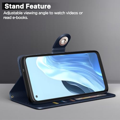Image of Pikkme Flip Cover Leather Finish | Inside TPU with Card Pockets | Wallet Stand and Shock Proof | Complete Protection Button Flip Case for Oppo Reno 7 5G (Blue)