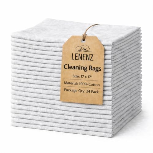 Lenenz 24 Pack New Lint Free Rags 100% Cotton Cloth for Cleaning Soft Cloth Tshirt Material for Cast Iron Staining Wood Dust Rags Shoe Polishing for Household Automotive & Industrial Use 17x17