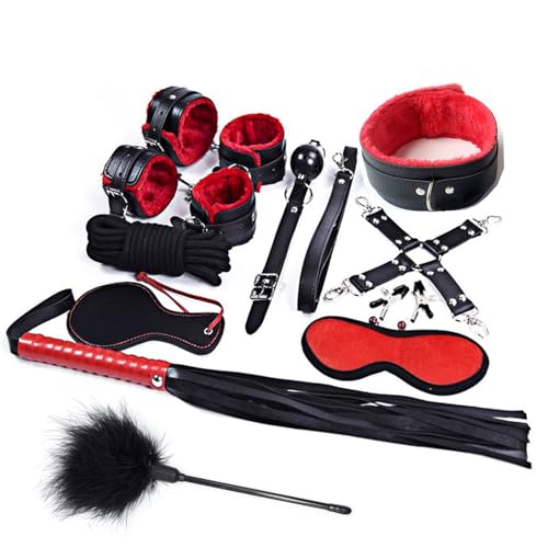 Bondage BDSM Handcuffs Adult Bedroom 11pcs Bondage Restraints Sets Handcuffs Ankle Cuffs Eye Mask Feather Stick Mouth Ball Nipple Clamps Restraints Kit Set Sex Toys for Women and Couples
