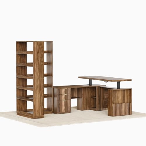 Perledesign Home Office Furniture Set, 63\'\' Fluted L Shaped Standing Desk and 73\'\' Corner Bookshelf, Electric Height Adjustable Excutive Desk with File Cabinet, AC/USB, Black Walnut