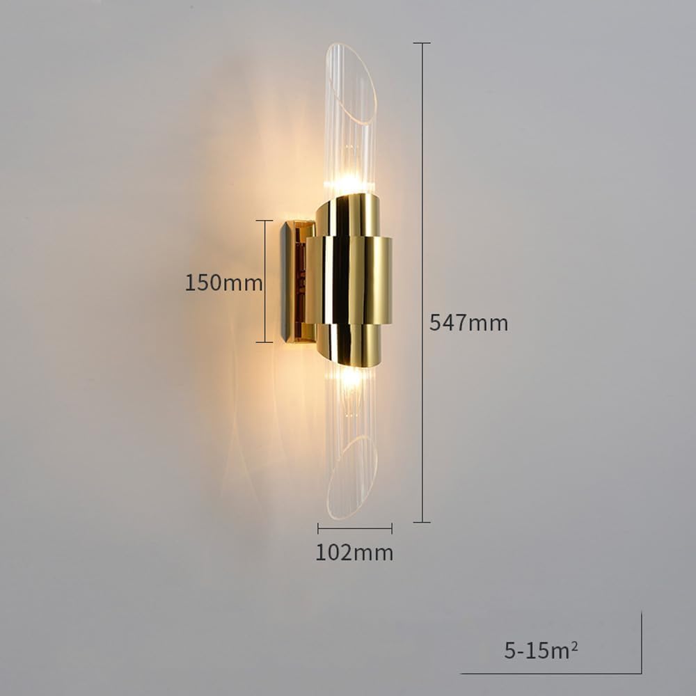 Lampa ścienna, nowoczesna, długa lampa ścienna ze szkła, oświetlenie wewnętrzne up-down do łazienki, chromowane/złote, 2 światła, prążkowane przezroczyste szkło, liniowe do sypialni