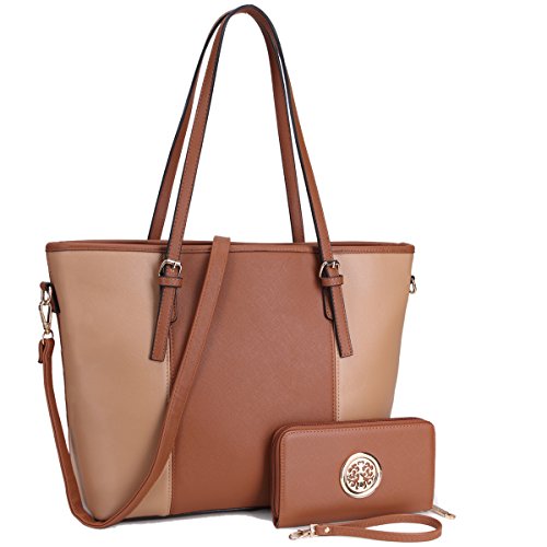 Dasein Women Two Tone Handbag Top Handle Satchel Purse Totes Work Shoulder Bag With Matching Wallet