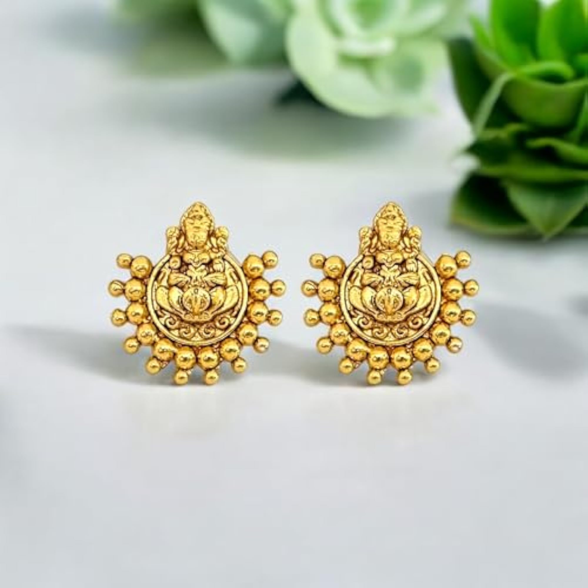 Lakshmi God Temple Stud Earrings, Gold Plated
