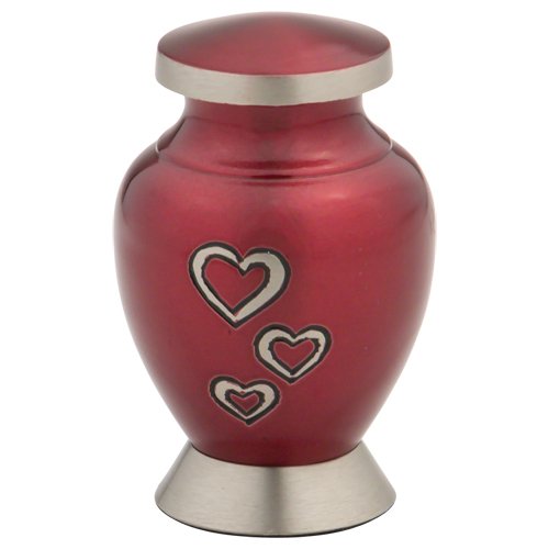 Loving Hearts Keepsake Cremation Urn for Ashes, Brass, Red Urn, Keepsake Sized Cremation Urn, 3 Inches High