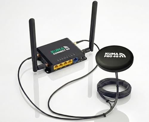 KUMA Connect PRO 4G LTE RV WiFi Kit with High-Gain Outdoor Antenna | Boosts Weak Cell Signal for Stable Internet in Remote Areas | Unlocked for AT&T, T-Mobile | 4-Port Router for 32 Devices | 12v