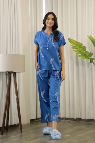 Image of SAY Printed Night Suit for Women Cotton Night Suit Set, Shirt and Pyjama, Lounge Wear Night Dress for Women - Blue