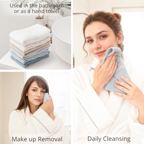 Image of Konssy 6 Pack Face Cloths, 100% Muslin Cotton Wash Cloth for Washing Face | 11 inch x 11 inch Facial Washcloths for Women, Soft & Reusable, for Sensitive Skin, Makeup Remover Cloths for Daily Cleansing