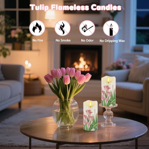 Image of Tulip Flameless Candles Set of 2, 6 inchx3 inch Spring Candles with Remote & Timer | Flickering Real Wax Pillar Candles Battery Operated, Dimmable Electric LED Candles Light for Mother's Day Spring Easter Decor
