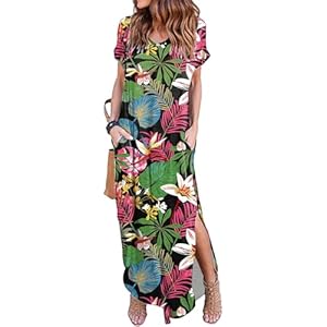 HUSKARY Women's Summer Maxi Dress Casual Loose Pockets Long Dress Short Sleeve Split Maxi Dresses X-Small Army Green 01