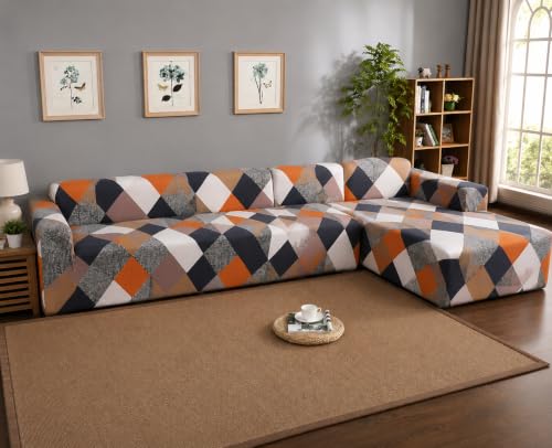 Image of Gifts Island Premium 160GSM Super Soft Orange PrismStretchable Sofa Cover L Shape 7 Seater Fully Covered | Suitable for Both Left and Right Side Chaise Sofa (Orange Prism, 4+3 Seater)