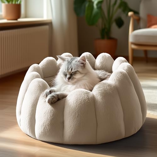 PETNOVO Pumpkin Cat Bed, Cream Plush Donut Cuddler with High Bolster, Non-Slip Cozy Nest for Indoor Cats up to 13 lb and Small Dogs, 20L x 20W x 12H Inch
