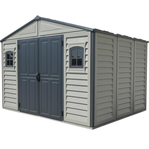 Duramax WoodBridge II PLUS 10.5 x 8 (7.64 m²) Kunststoff gerätehaus mit Metallfundamentset und 2 festen Fenstern, wartungsfreie und robuste und Dachstruktur aus Metall, Gerätehaus, Dunkelgrau/Adobe5