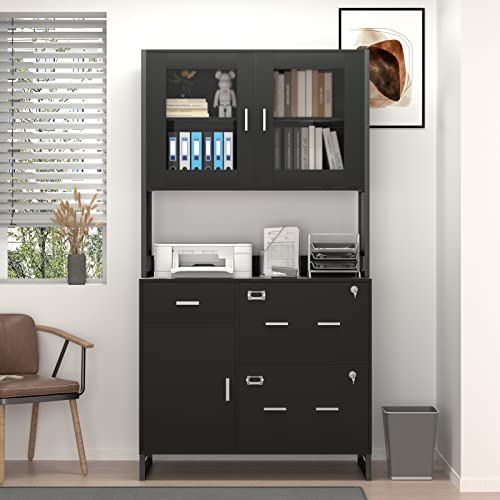 Pakasept 3 Drawers Office File Cabinet With 2 Lock, Large Modern Filing Cabinet Printer Stand With Doors For Home Office Organization And Storage,Black #TOP3