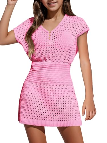 Girls Summer Crochet Swim Beach Cover Up Button Elastic Waist Beach Dress 5-14 Years