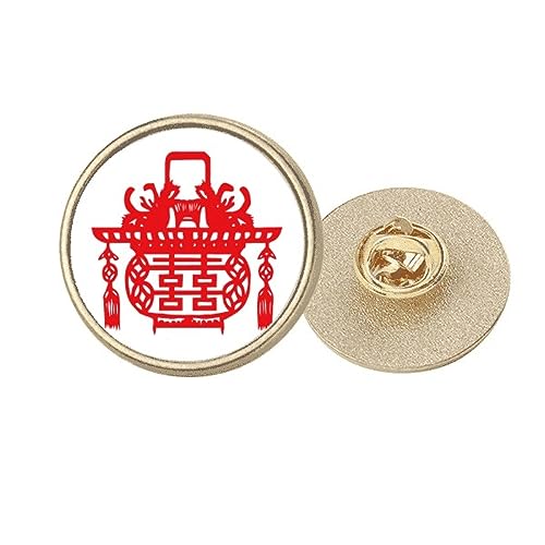 Broche lotus rouge ronde en métal doré vêtement femme motif asiatique M