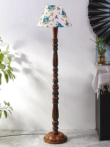 Image of Floor Lamp with Wooden Base - Height 55 inch, Blue Floral | Modern Standing Lamp for Living Room, Bedroom & Office | Stylish & Elegant Home Lighting Decor | Decorative Lamp