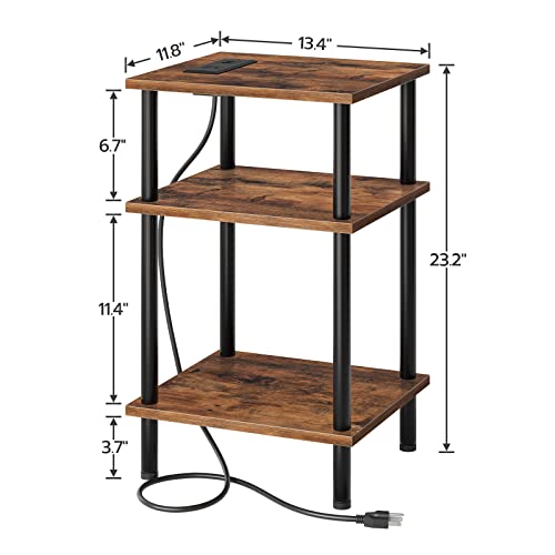 Hoobro Set Of 2 Side Tables With Charging Station And Usb Ports, 3-Layer Stackable Nightstand, 23.2 Inches End Table For Small Space In Bedroom, Living Room, Industrial Style, Rustic Brown Bf10Ubzp201 #TOP2