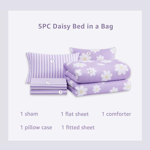 Image of Twin XL Comforter Set for Girls Purple Daisy 5 Pieces Bed in a Bag