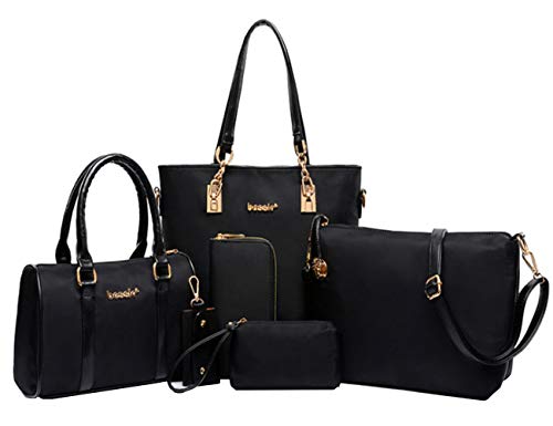Women 6Pcs Set Handbag Nylon Top Handle Bag Totes Satchels Shoulder Bags Purse Clutch Card Holder Black