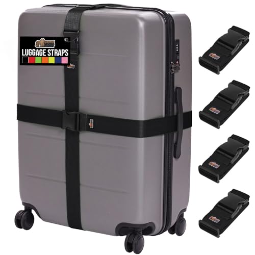 GORILLA GRIP Heavy Duty 4 Pack Adjustable Luggage Straps for Suitcases Easy to Identify Travel Belt Connector Holds Suitcase Together Extends Life of Bag Strap Connects Two Bags Accessories Black