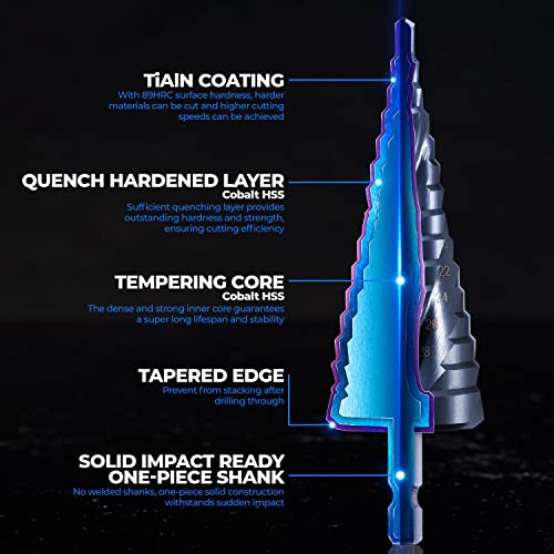 Augtouf 6974157528141 Toolant Four Spiral Flute Cobalt Step Drill Bit(Pro), 3/16 Inch - 7/8"(12 Step Size) Impact Ready Unibit Step Drill Bit, 1/4 Inch Hex Shank Step Bit For Metal, Stainless Steel thumb #3