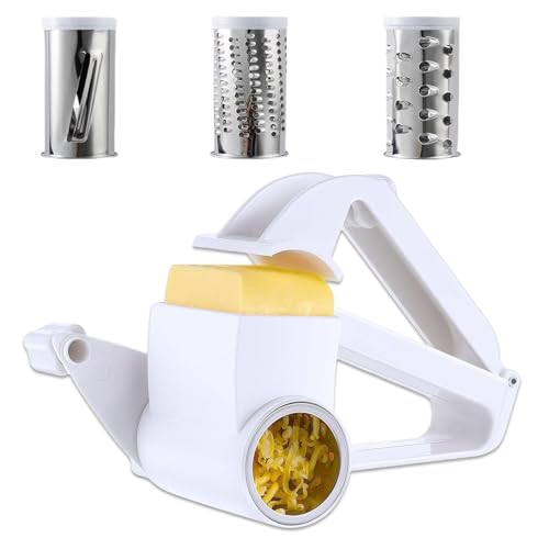 Rotary Cheese Grater, Manual Stainless Steel Food Grater with 3 Interchangeable Drums for Cheese, Chocolate, Handheld Shredder for Kitchen and Cooking