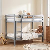 Panana Single Wooden Bunk Bed Frame, 3FT Twin Sleeper Solid Pine Platform Bed (Grey, Single Bunk)