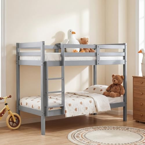 Panana Single Wooden Bunk Bed Frame, 3FT Twin Sleeper Solid Pine Platform Bed (Grey, Single Bunk)