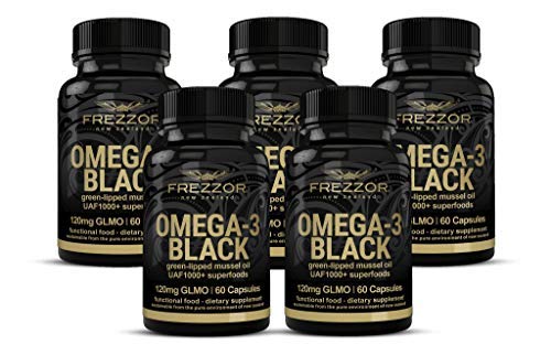 FREZZOR Omega 3 Black, Most Powerful Green Lipped Mussel Oil New Zealand, UAF1000+, Joint Pain Relief, Inflammation Supplement, Heart and Immune Support, No Fishy Aftertaste, 450mg, 5 Pack, 300 Count