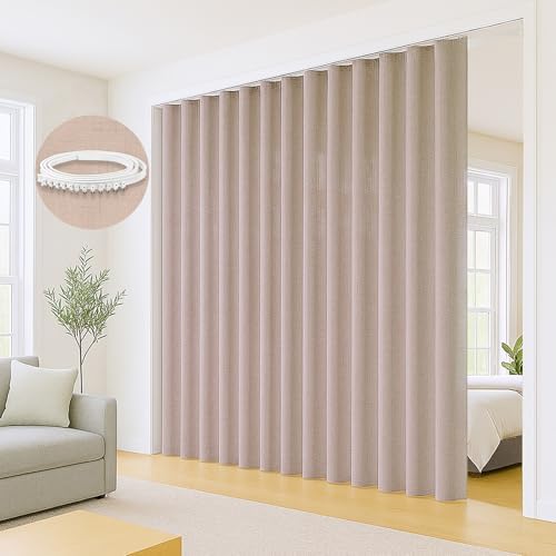 Faux Linen Semi Sheer Room Divider Curtain with Flexible Ceiling Track, Extra Wide Light Filtering Privacy Curtains for Patio Sliding Glass Door, Living Room, Bedroom, Light Coffee, W100xL84, 1 Panel