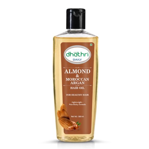 Image of Dhathri Almond & Moroccan Argan Hair Oil with Vitamin E | Helps Reduce Hair Breakage & Strengthen Hair | Non-Greasy, Paraben-Free Formula for Hair Nourishment & Shine | for All Hair Types, 300ml