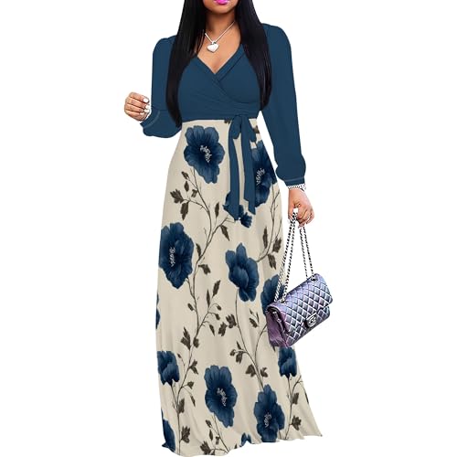 Image of PinkPatty Women's Long Sleeve Maxi Dress Plus Size Trendy Wedding Guest Dress with Pockets&Belt