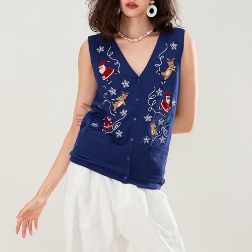 Image of KMBANGI Women Christmas Button Sweater Vest Embroidery Sleeveless Cardigan