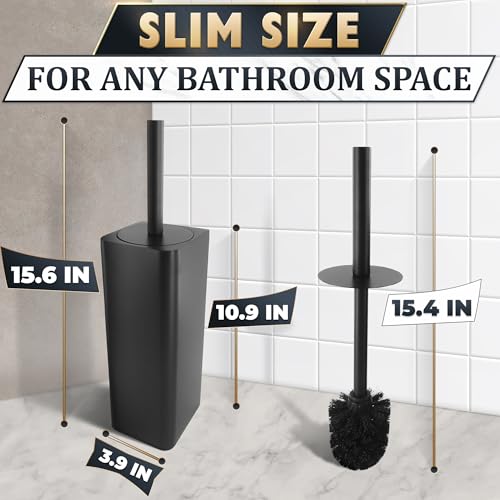 Image of Black Toilet Brush and Holder Set - Slim Matte Design that Fits Anywhere - Stainless Steel Toilet Bowl Brush and Holder with 2 Rounded Corners, Replaceable Head, Removable Inner Bowl & Splash Guard