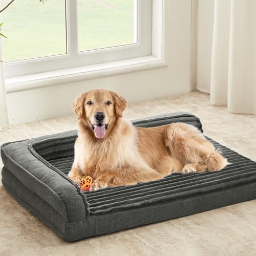 WINDRACING Orthopedic Dog Beds for Large Dogs 40x28 inch L Shape Waterproof Dog Bed with Bolster Sides Washable Big Pet Bed with Removable Cover & Non-Slip Bottom Gray